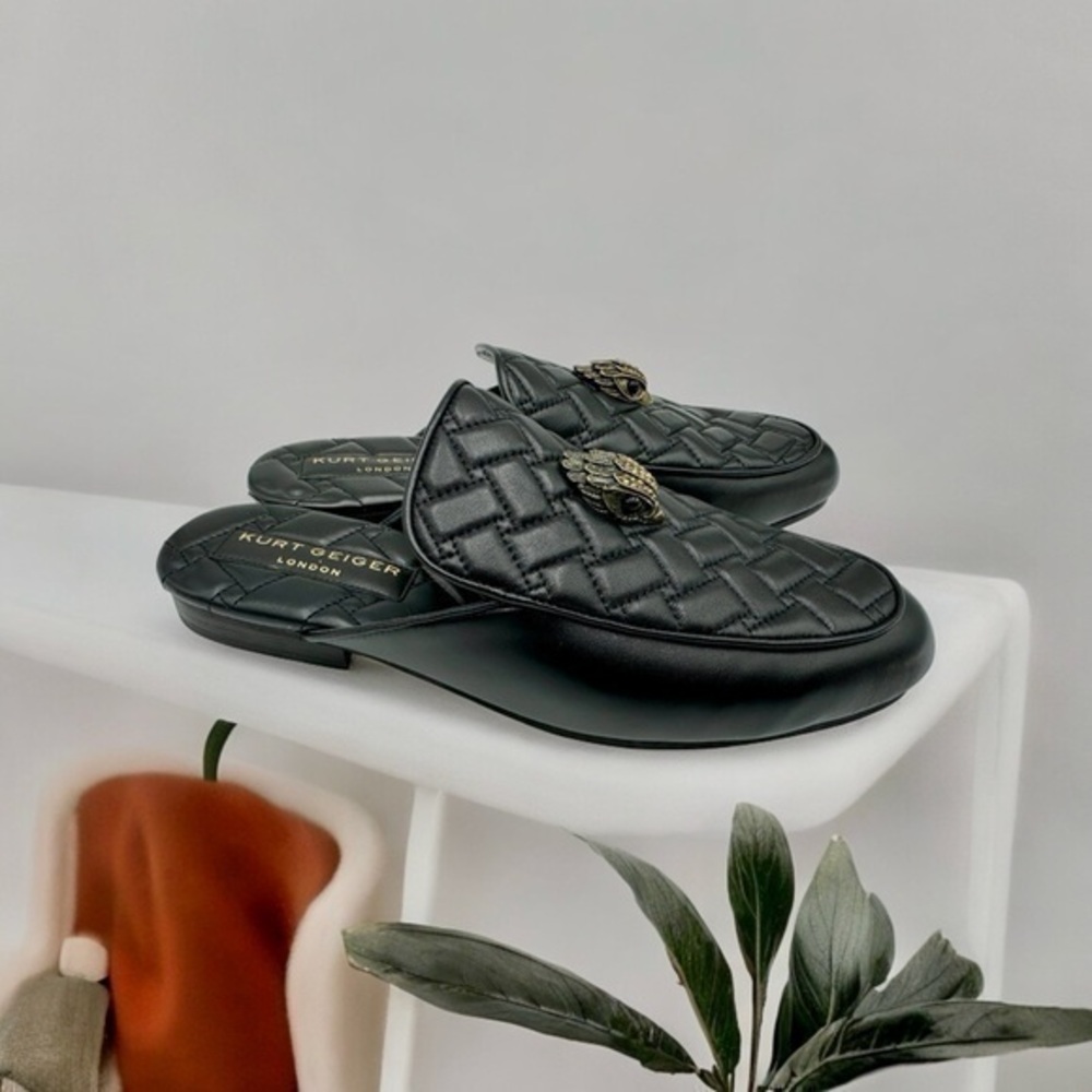 NIB Kurt Geiger London Holly Eagle Quilted Mule Black Women